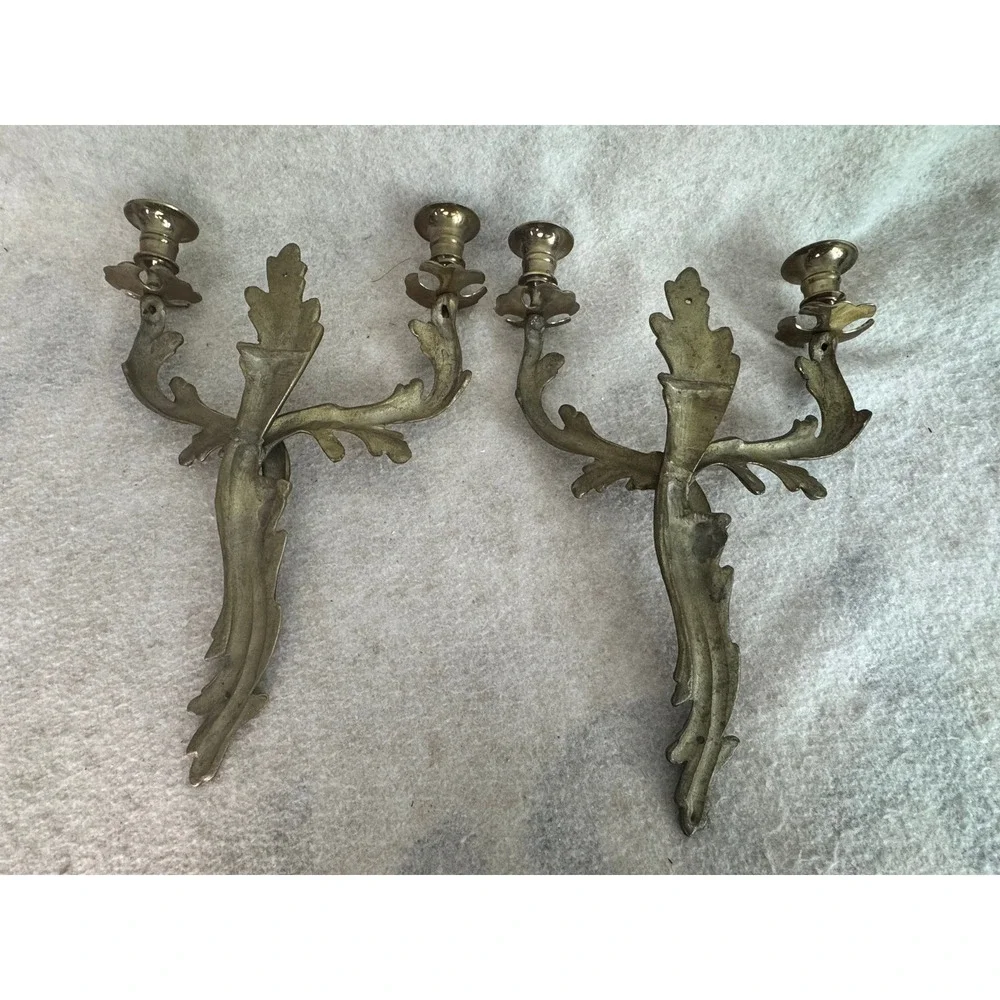 Vintage Brass Candelabra Wall Sconces Set of 2 Ornate Leaf Design Candle Holders